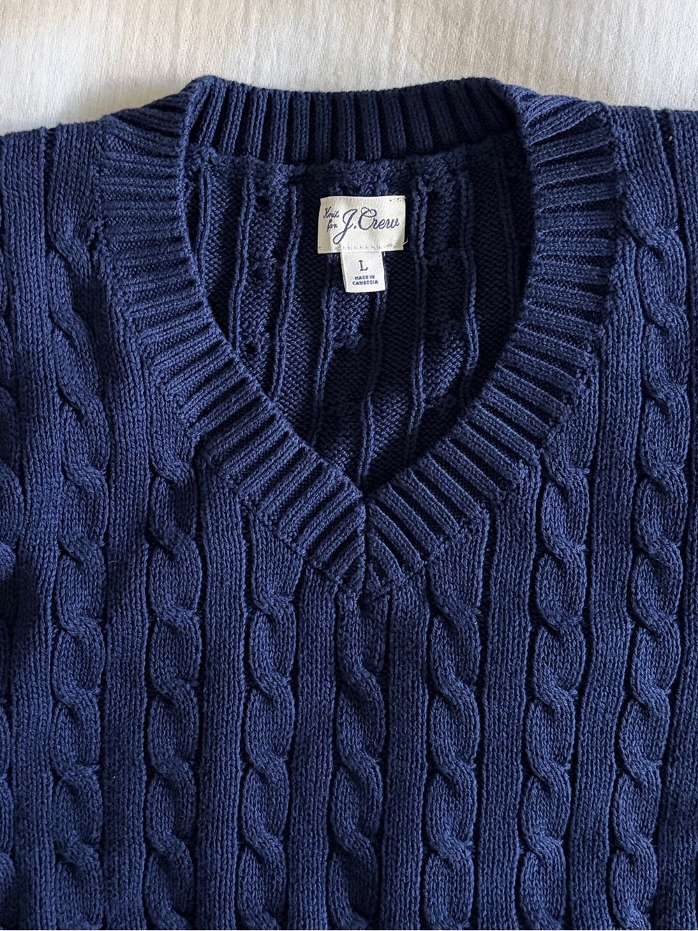 J Crew Large Navy V Neck Cable Knit Sweater